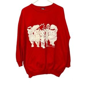 Vintage Cat Sweatshirt Linda Lori Heads and Tails Red 80s Crewneck Oversized OS